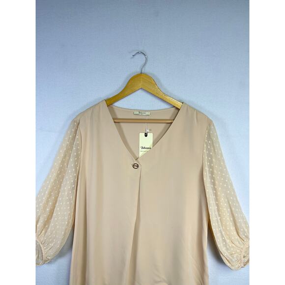 Bebonnie Woman's Chiffon Beige/Tan Blouse Lantern 3/4 Sleeve XL Elegant Dressy - Picture 3 of 13